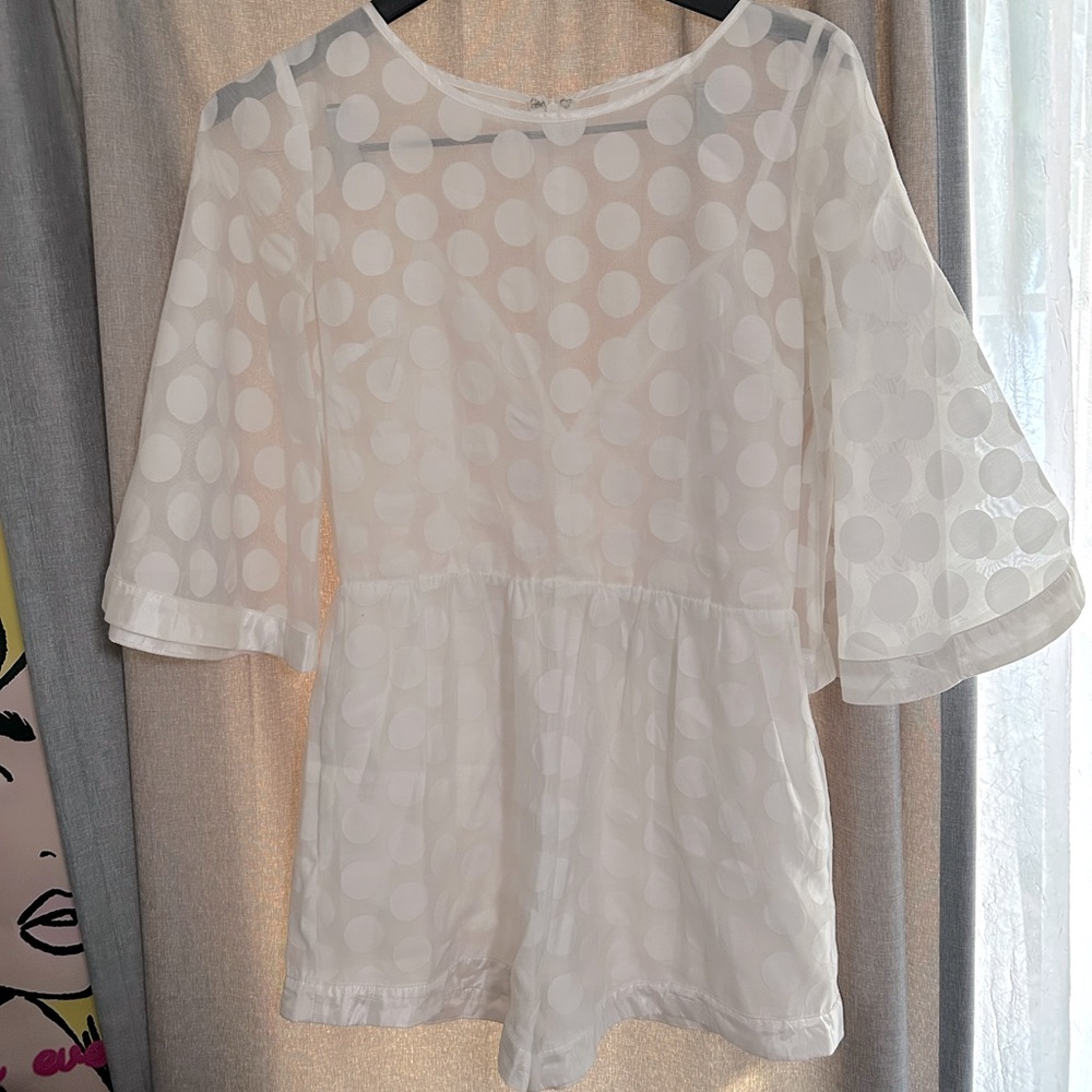 14” waist Line & Dot White Polka Dot Sheer Jumpsuit Romper